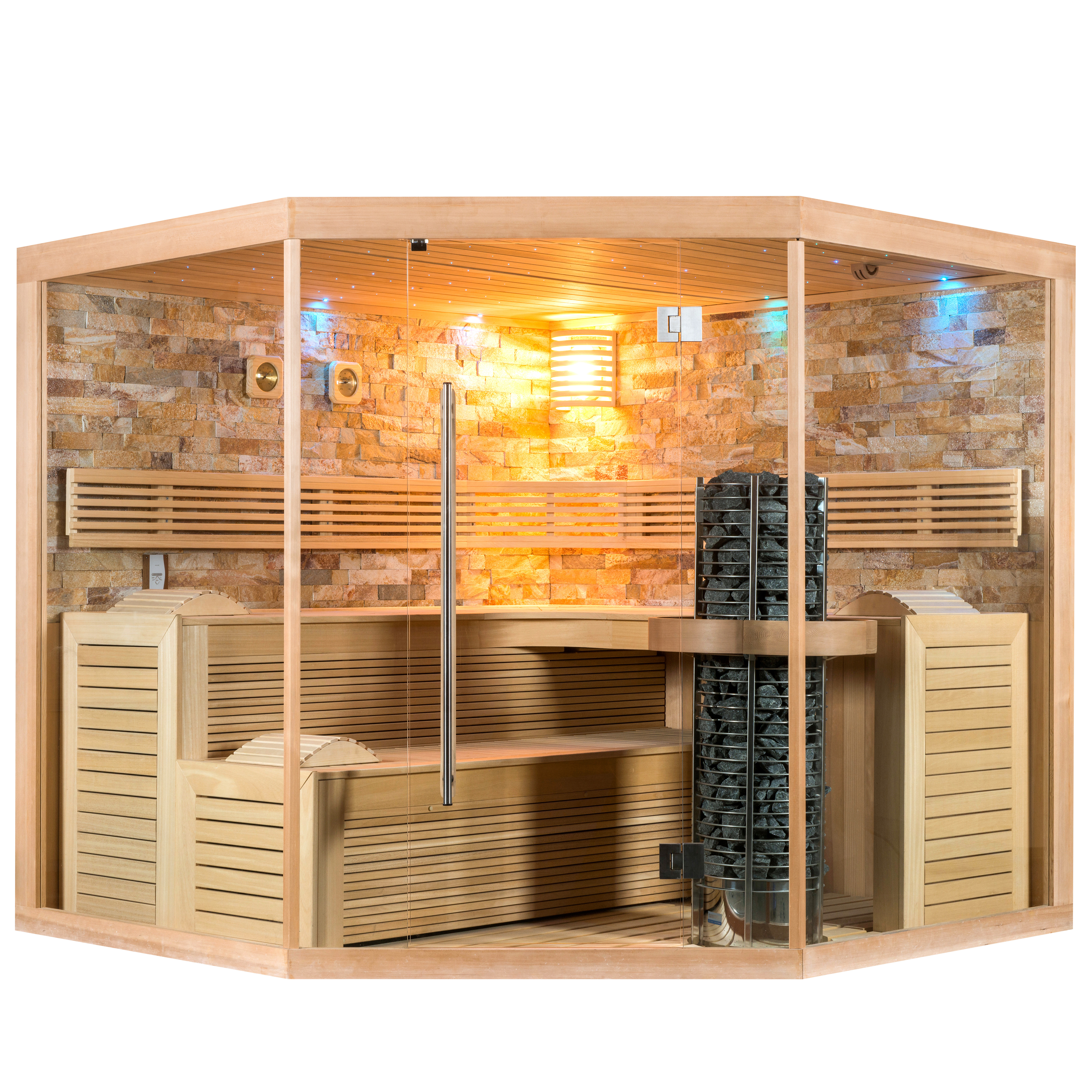 Große Premium Heimsauna mit Natursteinwand, Holzmobiliar und Glasfront - Osiria / 200x250x200cm (HxBxT) / Finnische Sauna