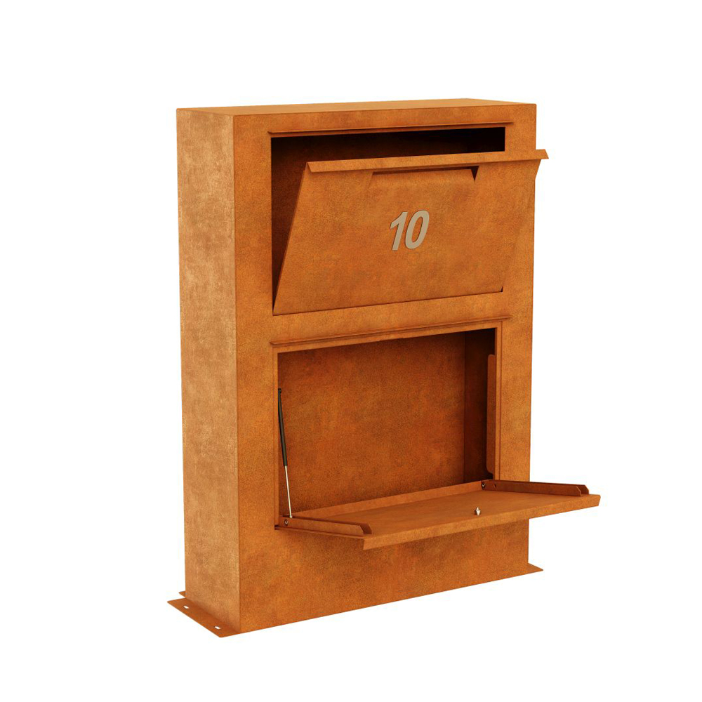 Boîte aux lettres en métal rouillé avec le numéro 10, style décoration de jardin