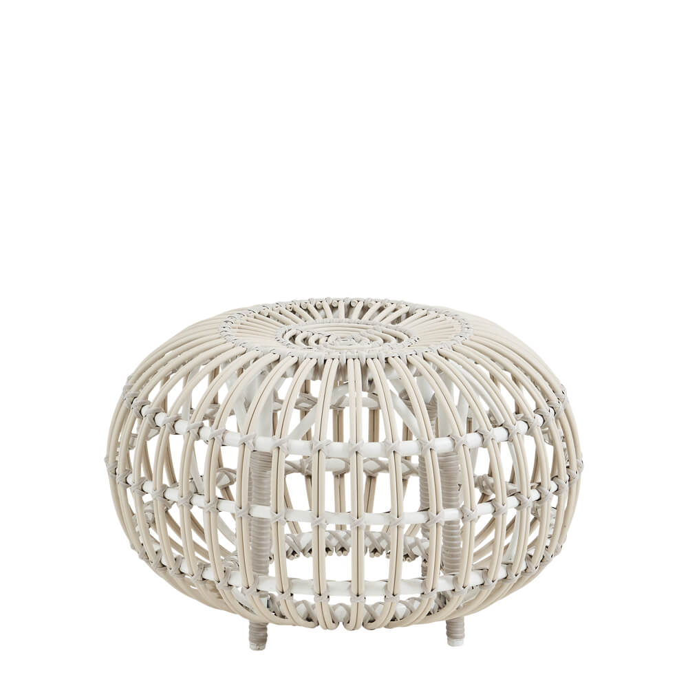 Tavolino da giardino rotondo in rattan bianco, ideale per mobili e decorazioni da giardino