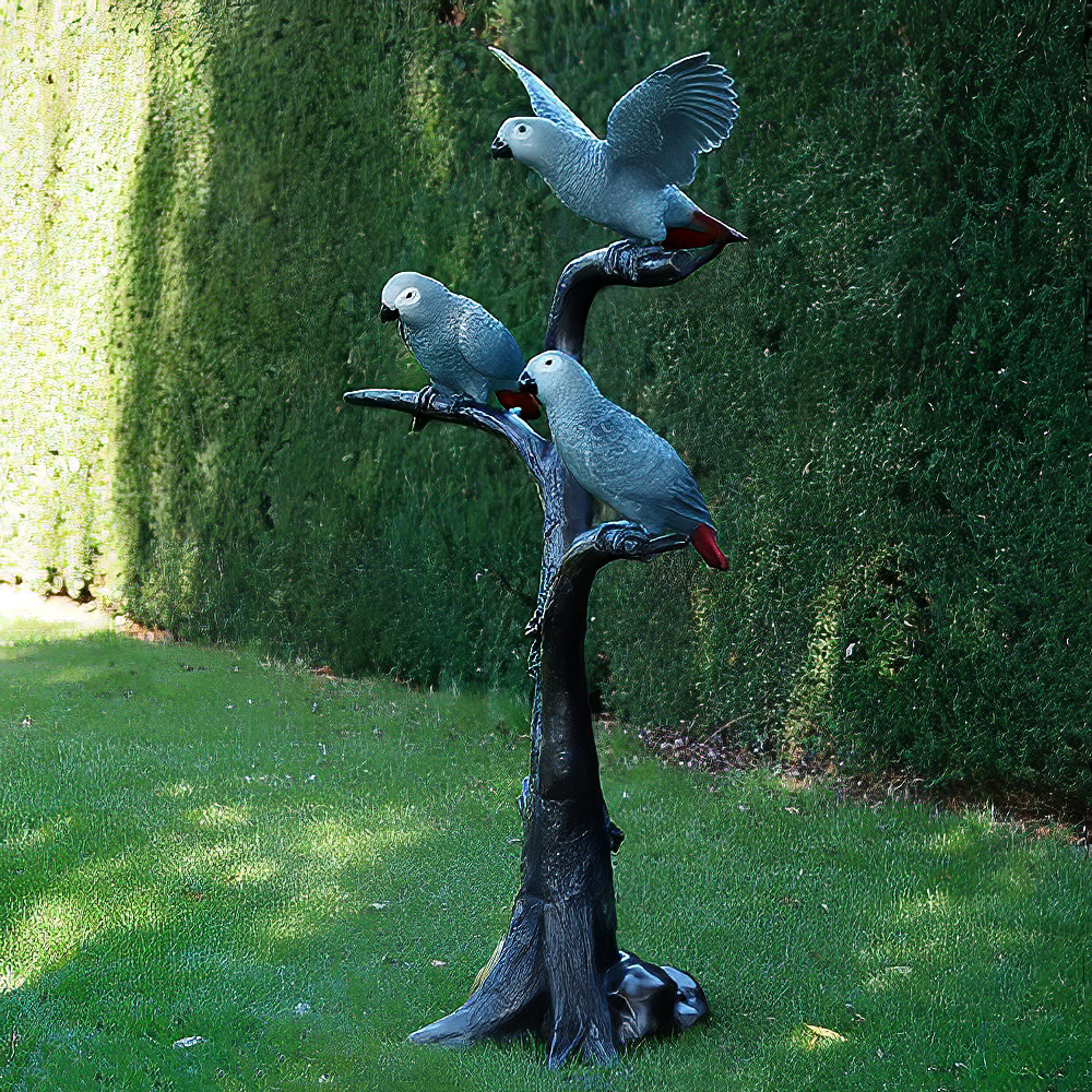 Bronze Vogelfigur Papageienbaum - 3 blaue Papageien sitzen auf Baum - Papageientrio