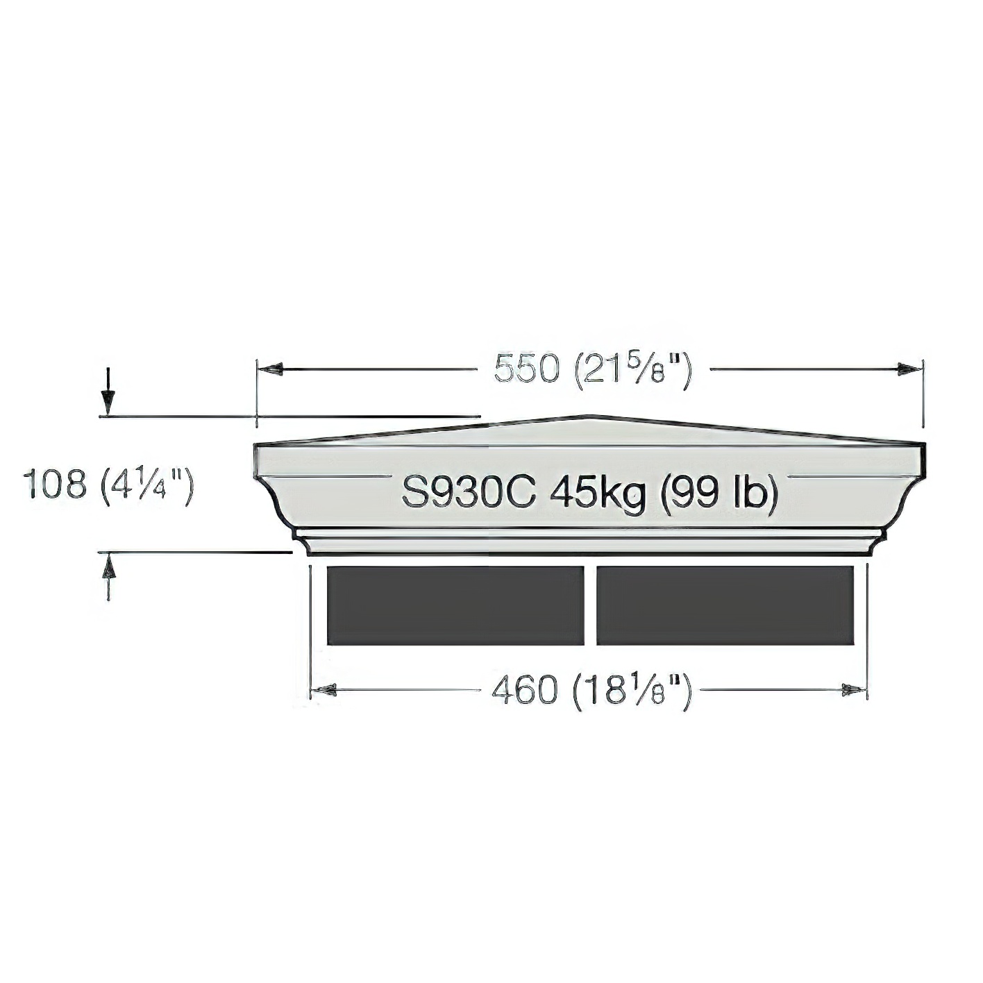 Skizze eines runden Gartendeko Sockels mit den Maßen 550 mm Breite und 108 mm Höhe sowie einem Gewicht von 45 kg
