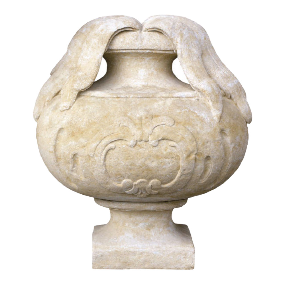 Grande vase en pierre avec ornements floraux, parfaite pour une décoration de jardin exclusive