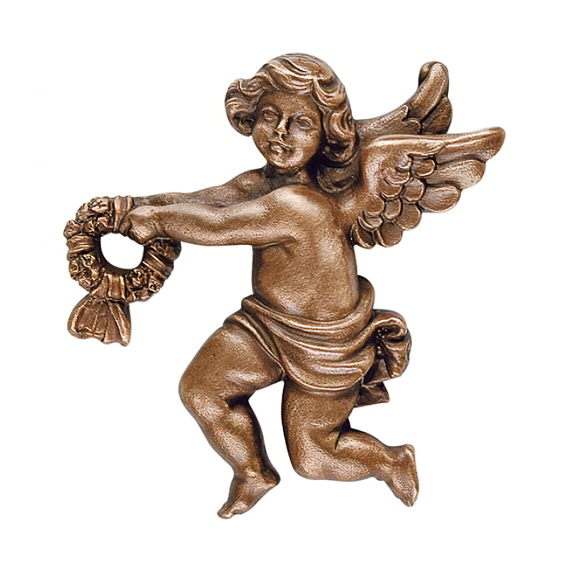 Bronzefarbene Engelfigur mit Kranz als exklusive Gartendeko
