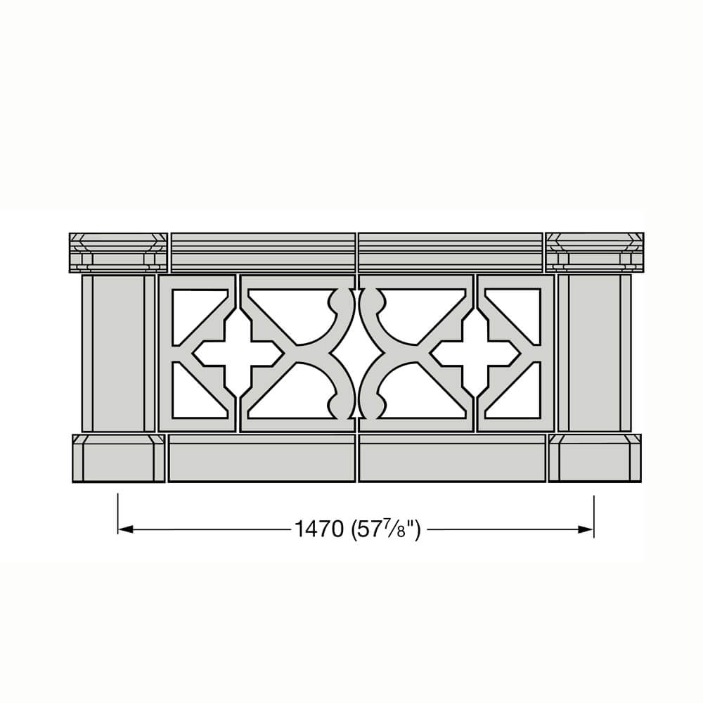 Illustration d'un mur décoratif de jardin de 147 cm de large avec ornements décoratifs