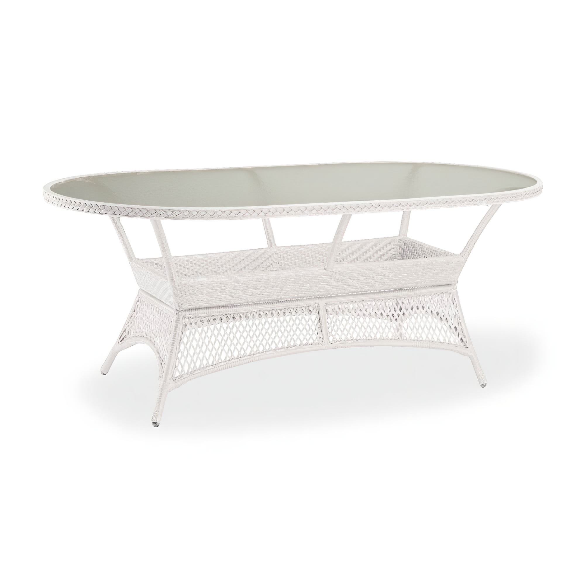 Elegante tavolo da giardino bianco con piano ovale in vetro e struttura in vimini