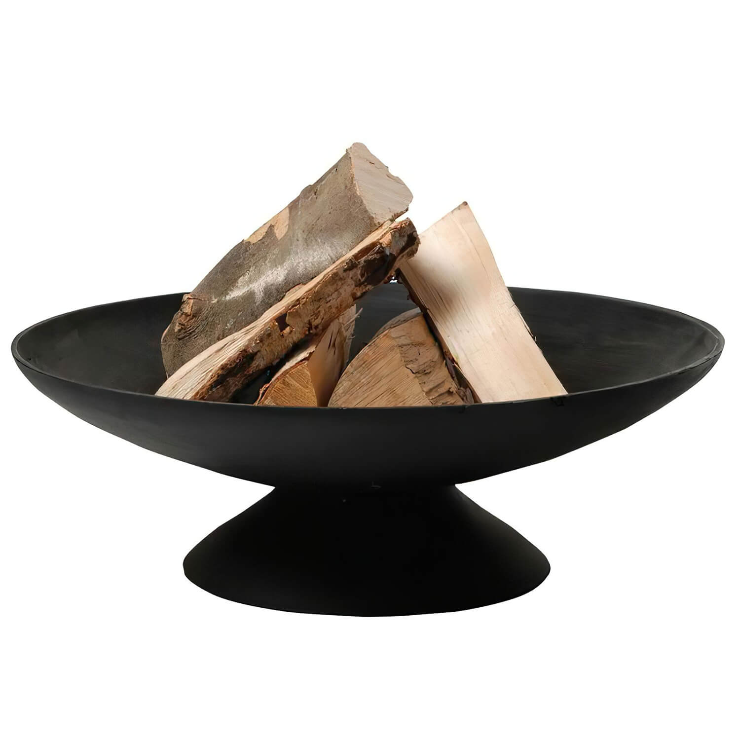 Schwarze Feuerschale mit Holzscheiten, ideal für Gartendeko
