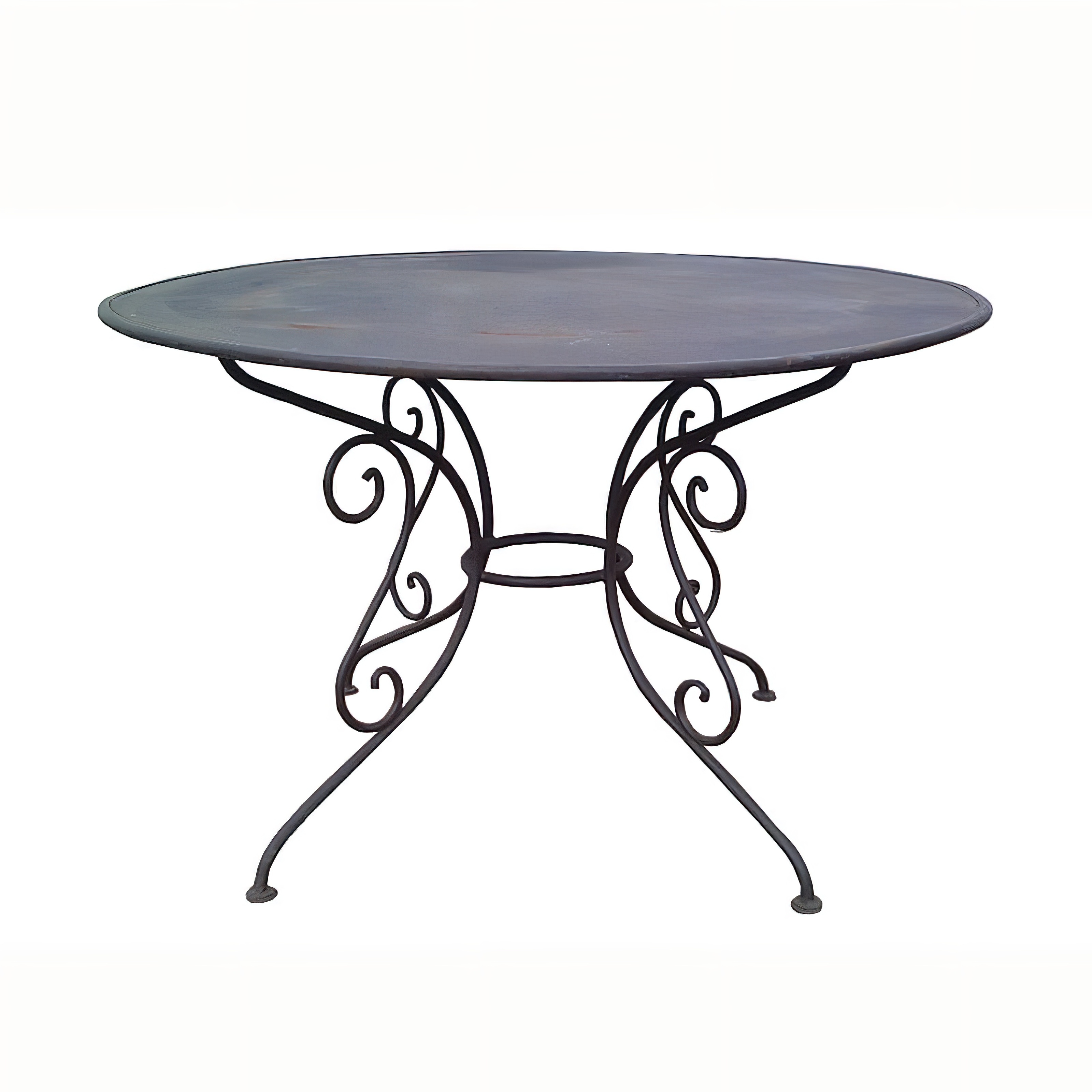 Table de jardin ronde noire en métal avec pied orné et courbes décoratives