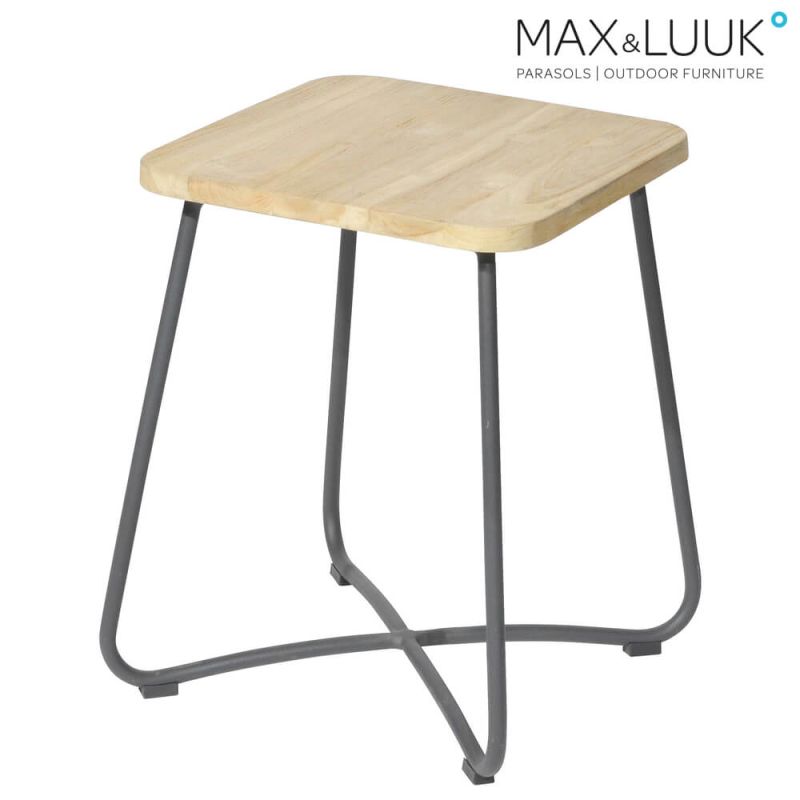 Petite table de jardin avec plateau en bois carré et cadre en métal noir