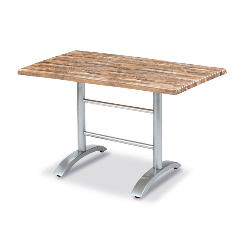 Table de jardin moderne avec plateau en bois et structure métallique sur fond blanc