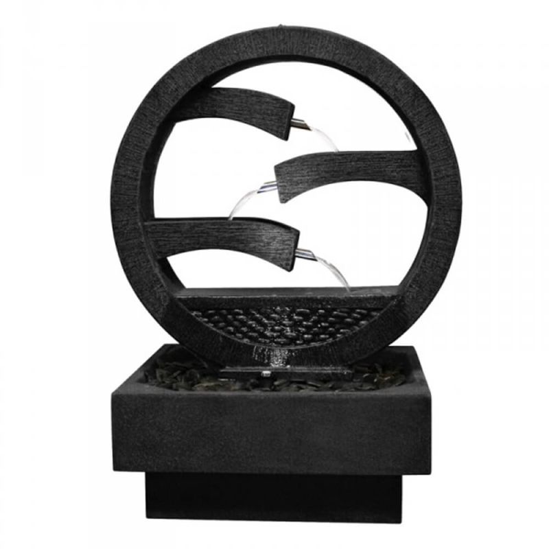 Fontaine d'eau ronde en pierre noire avec eau coulant, parfaite pour jardin et terrasse