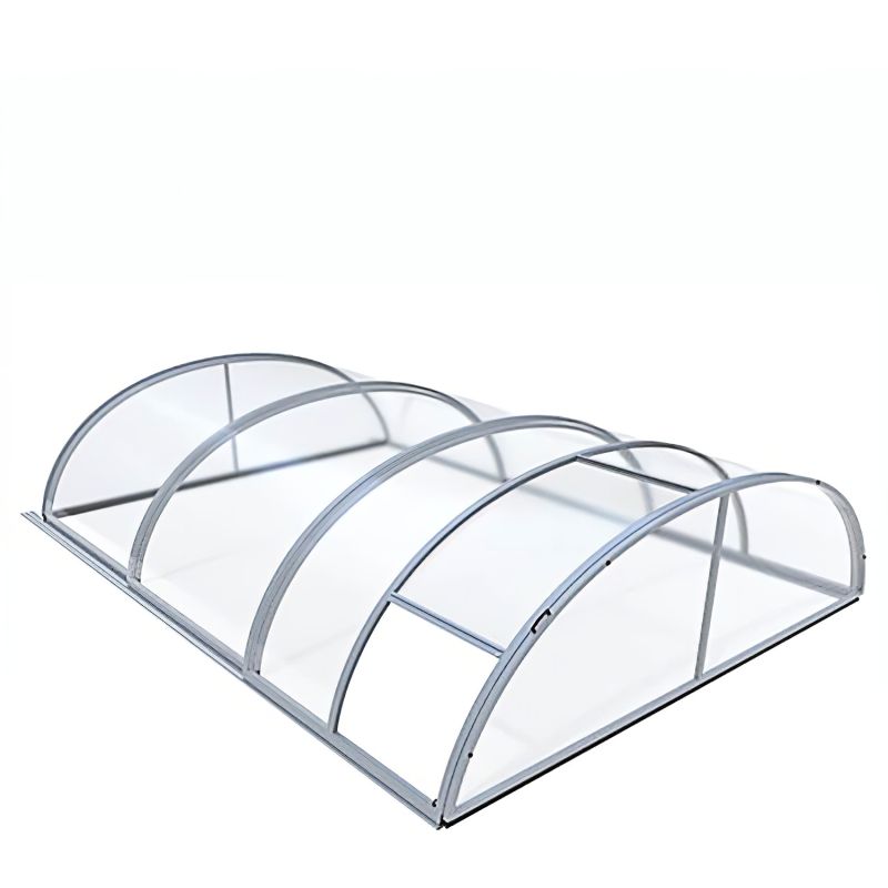 Toiture de jardin moderne et transparente en forme demi-cylindrique avec cadre en métal pour terrasse ou jardin