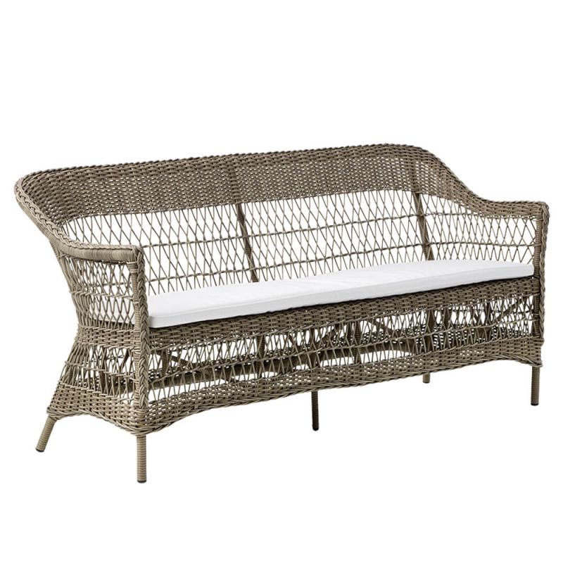 Divano da giardino in materiale intrecciato con cuscino bianco per esterni