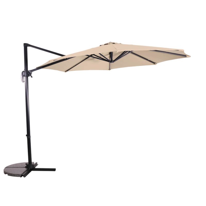 Ombrellone beige con braccio sospeso nero e base stabile per il giardino
