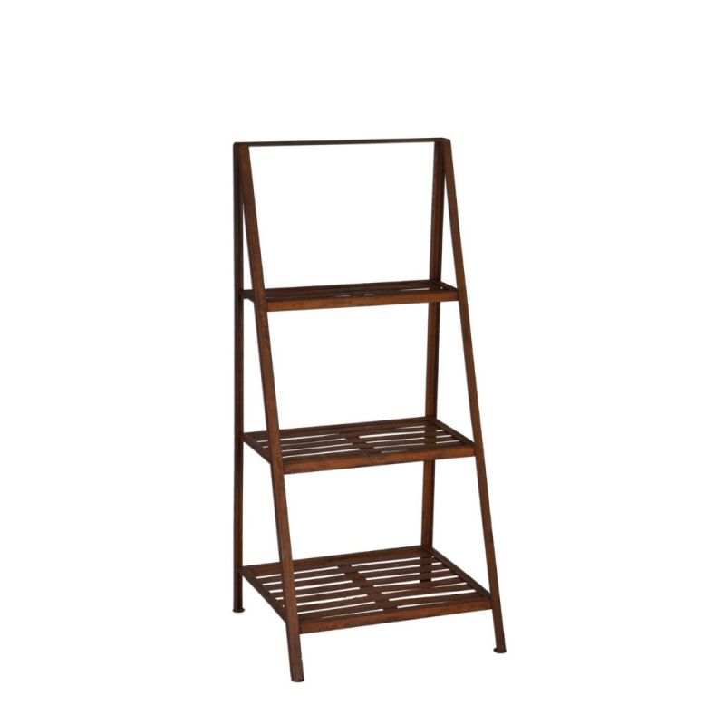 Étagère en bois marron à trois niveaux, parfaite pour meubles de jardin et terrasse