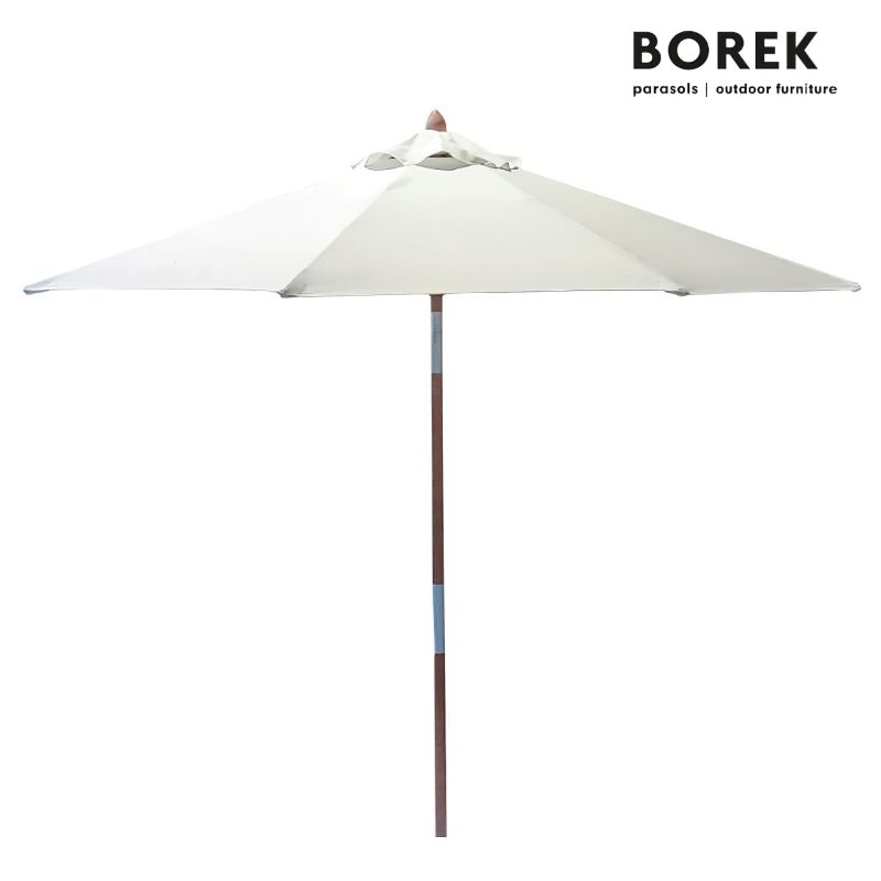 Ombrellone bianco con robusto palo in legno e tessuto, ideale per il giardino