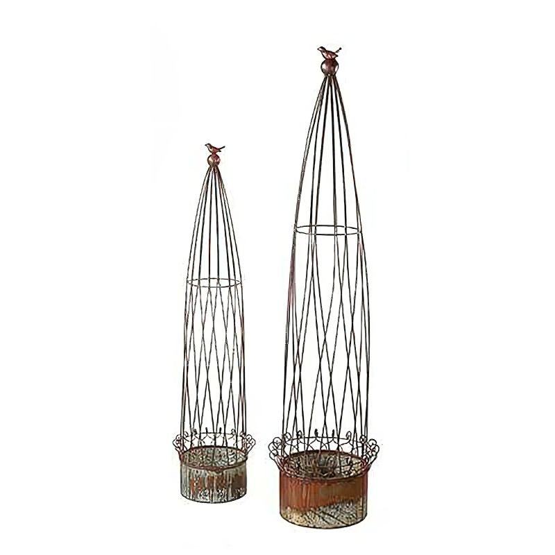 Deux tuteurs en métal avec supports pour plantes de jardin