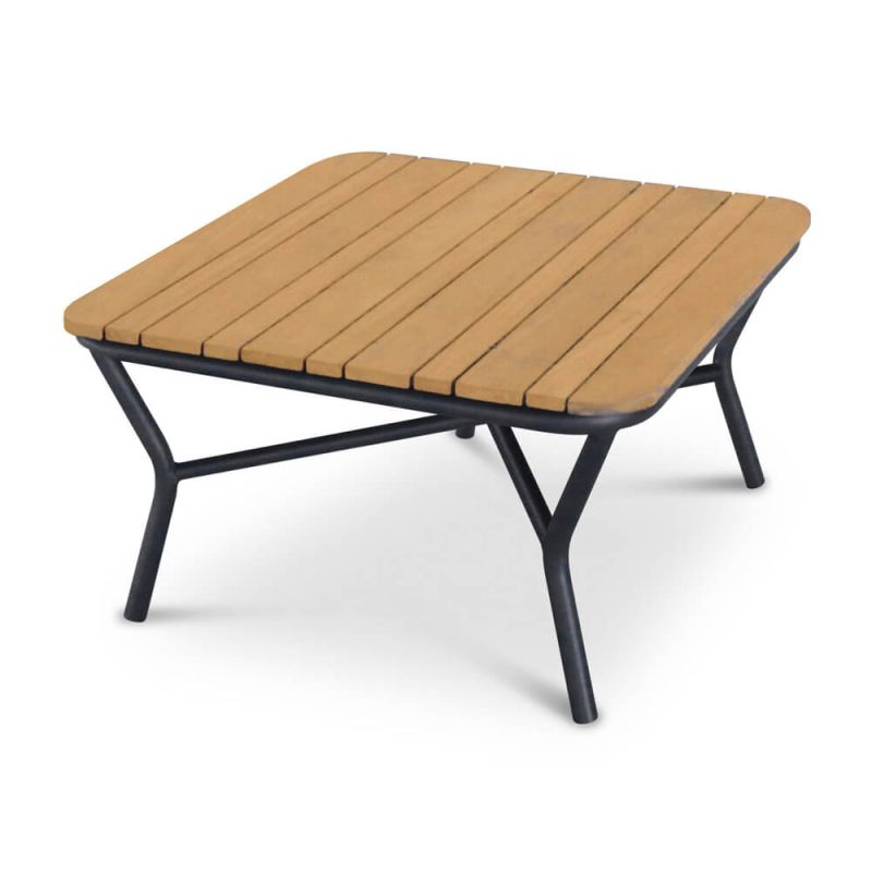 Table de jardin carrée moderne avec plateau en bois et cadre en métal noir
