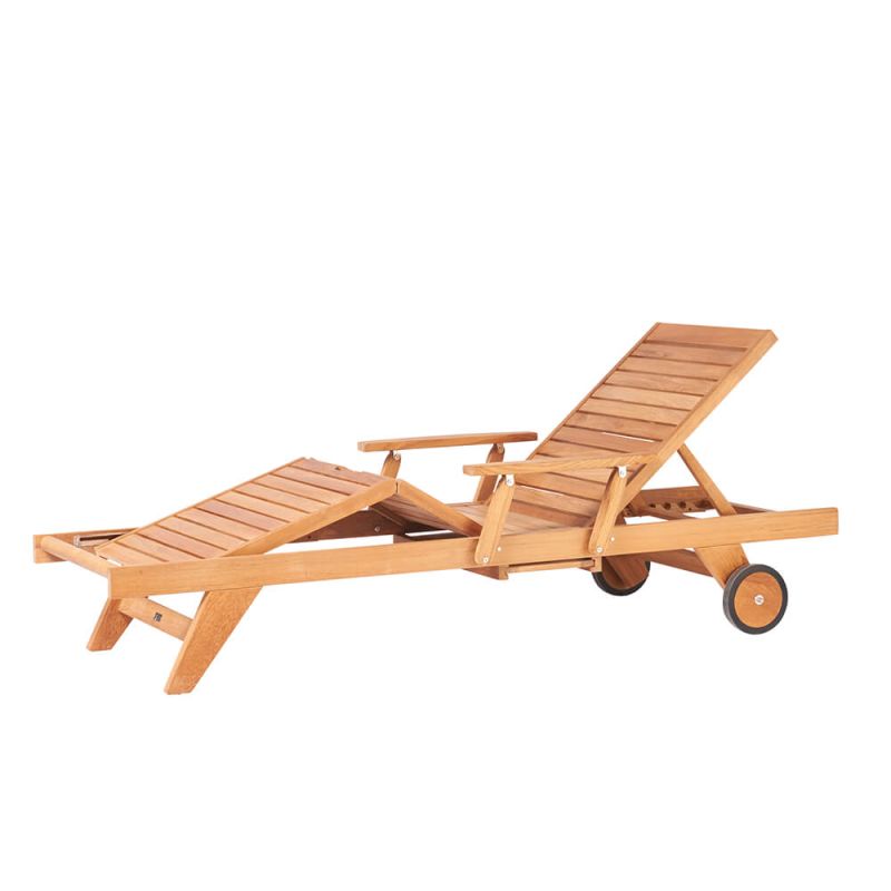 Chaise longue de jardin réglable en bois avec deux roues pour un déplacement facile