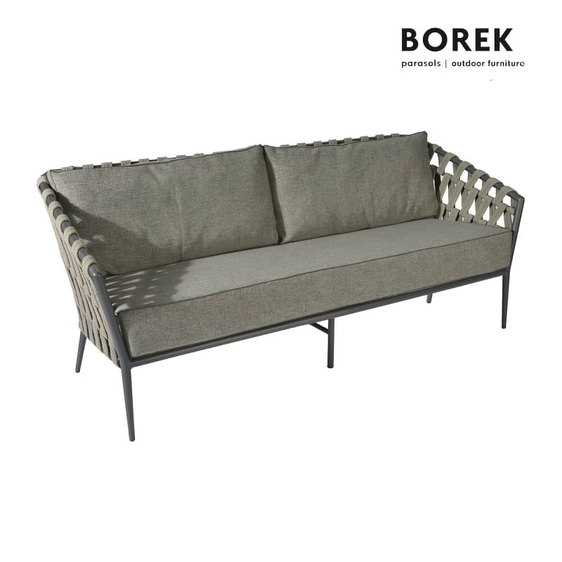 Canapé de jardin moderne Borek avec coussins gris et cadre en aluminium tressé