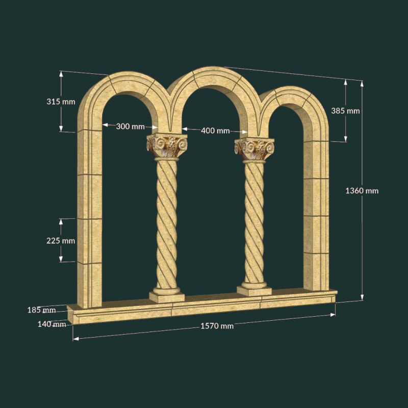 Tre colonne decorative in pietra con archi e misure per mobili da giardino