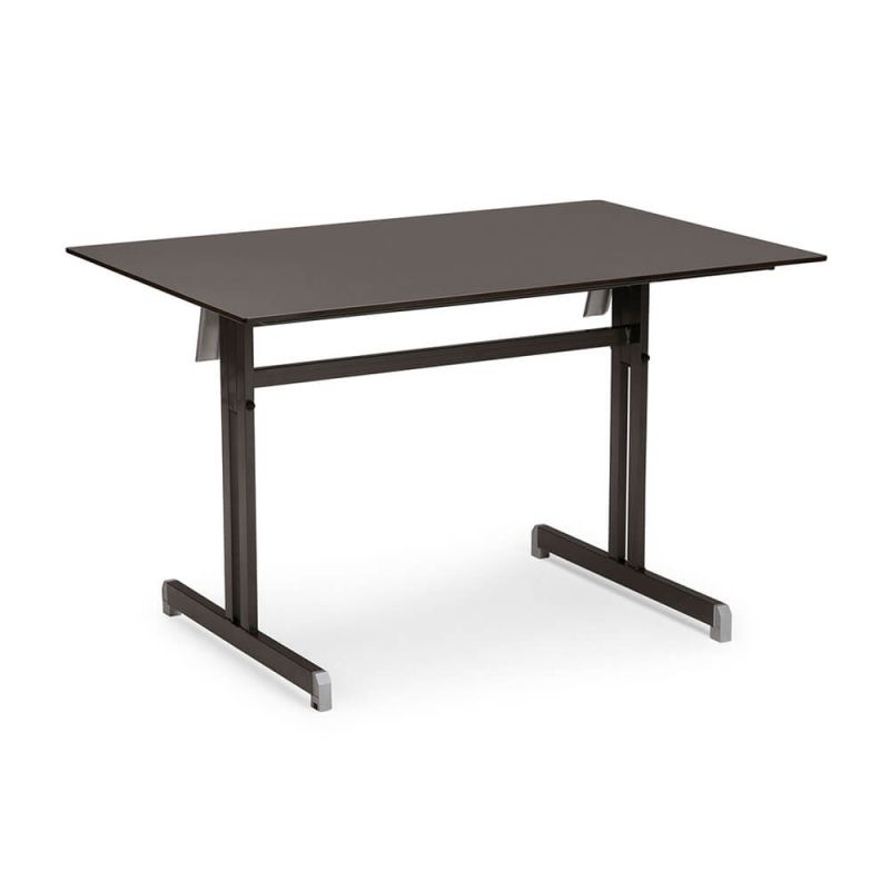 Table de jardin moderne avec cadre en métal noir et plateau en verre foncé