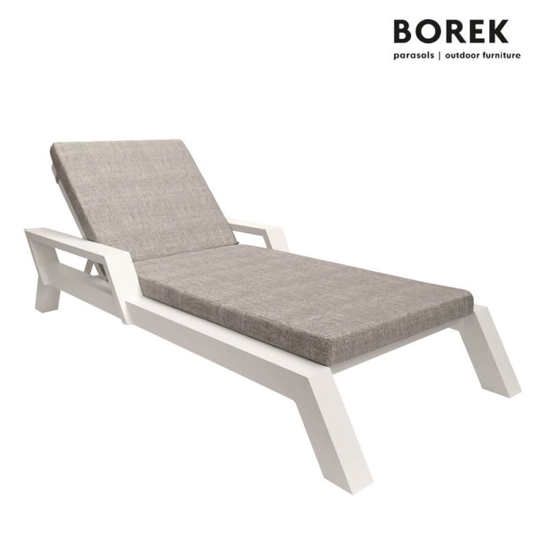 Chaise longue de jardin blanche avec dossier réglable et coussin gris