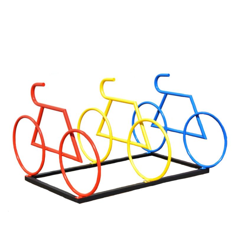 Support à vélos en métal rouge, jaune et bleu pour décoration de jardin