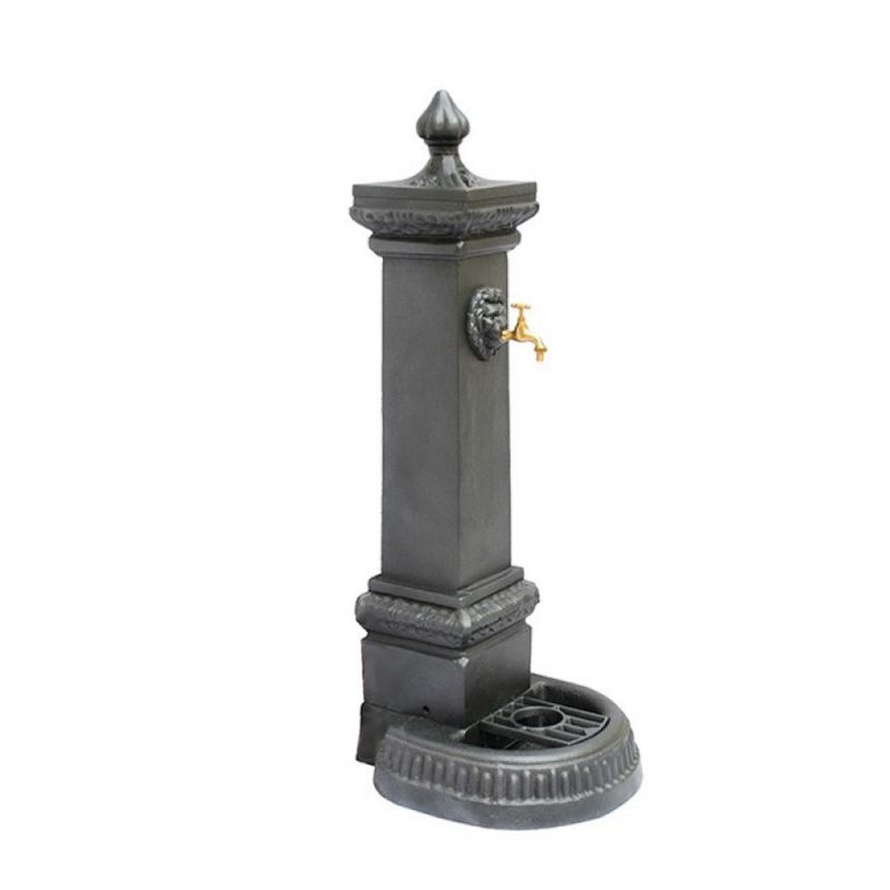Fontana da giardino nera in metallo con rubinetto, ideale per decorazioni da giardino