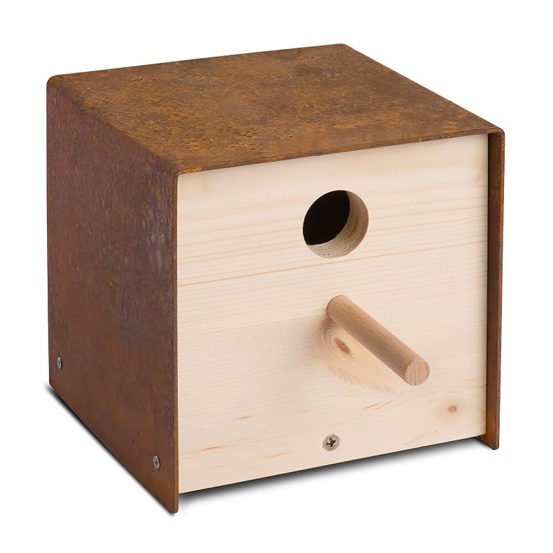Mangeoire à oiseaux en bois avec revêtement métallique et perchoir