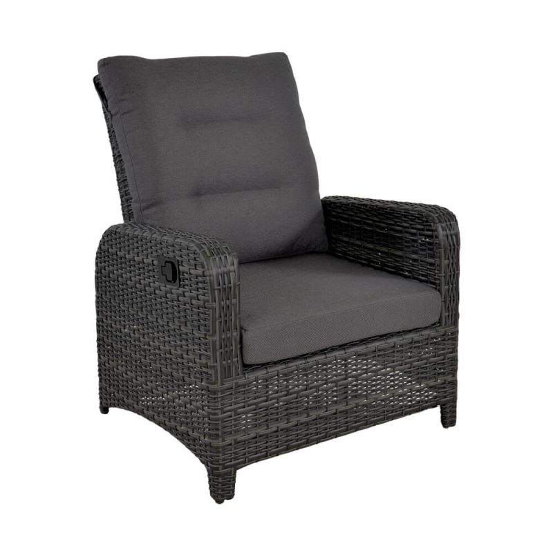 Poltrona da giardino in vimini nero con cuscino grigio scuro