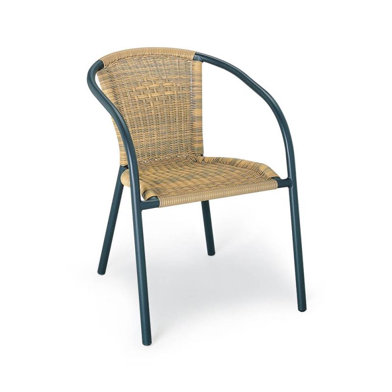 Chaise de jardin moderne avec assise tissée et structure métallique noire sur fond blanc