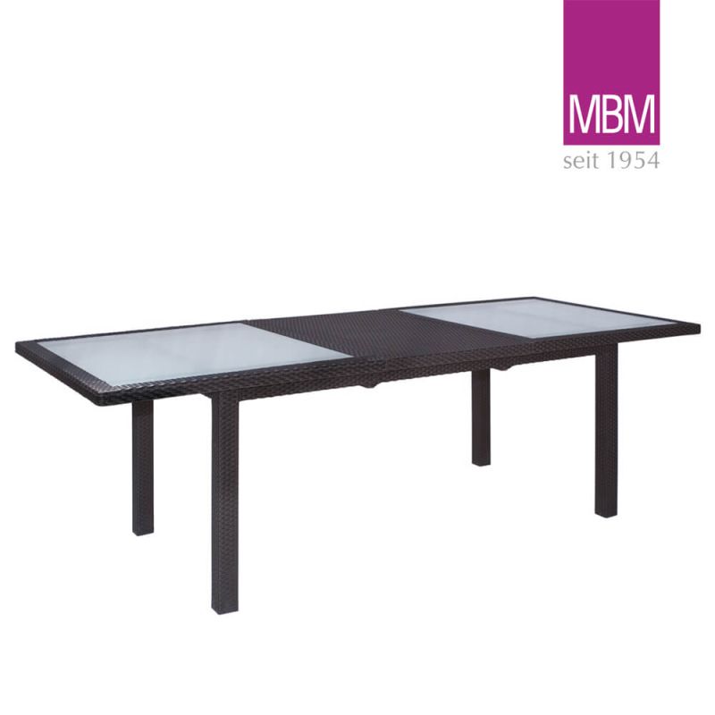 Table de jardin moderne extensible avec cadre en métal foncé et plateaux en verre