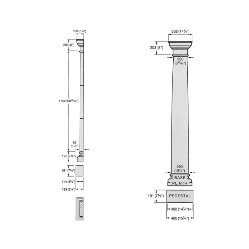 Schéma technique avec dimensions d'une colonne décorative en pierre pour jardin