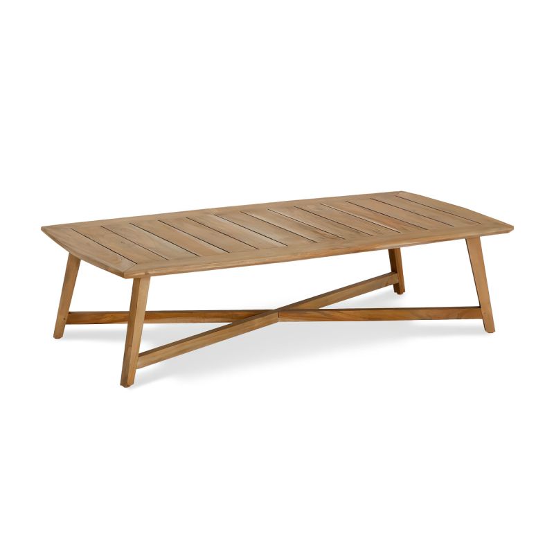 Table de jardin moderne en bois avec pieds inclinés pour extérieur