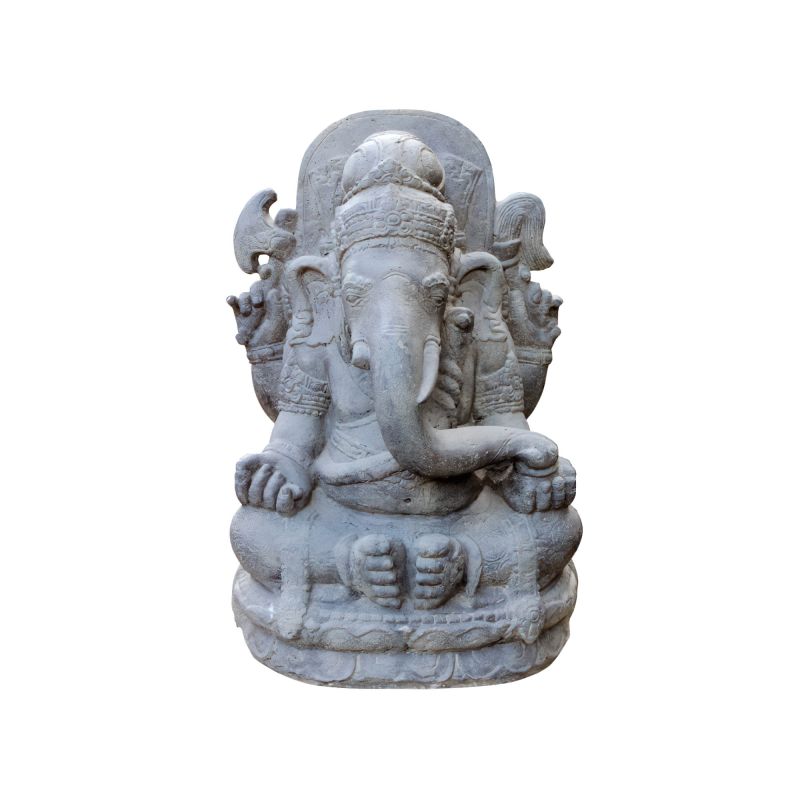 Scultura in pietra grigia del dio indù Ganesh per decorazione da giardino