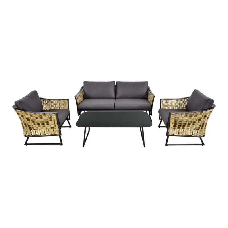 Ensemble complet de mobilier de jardin avec deux fauteuils, canapé et table en osier avec coussins gris