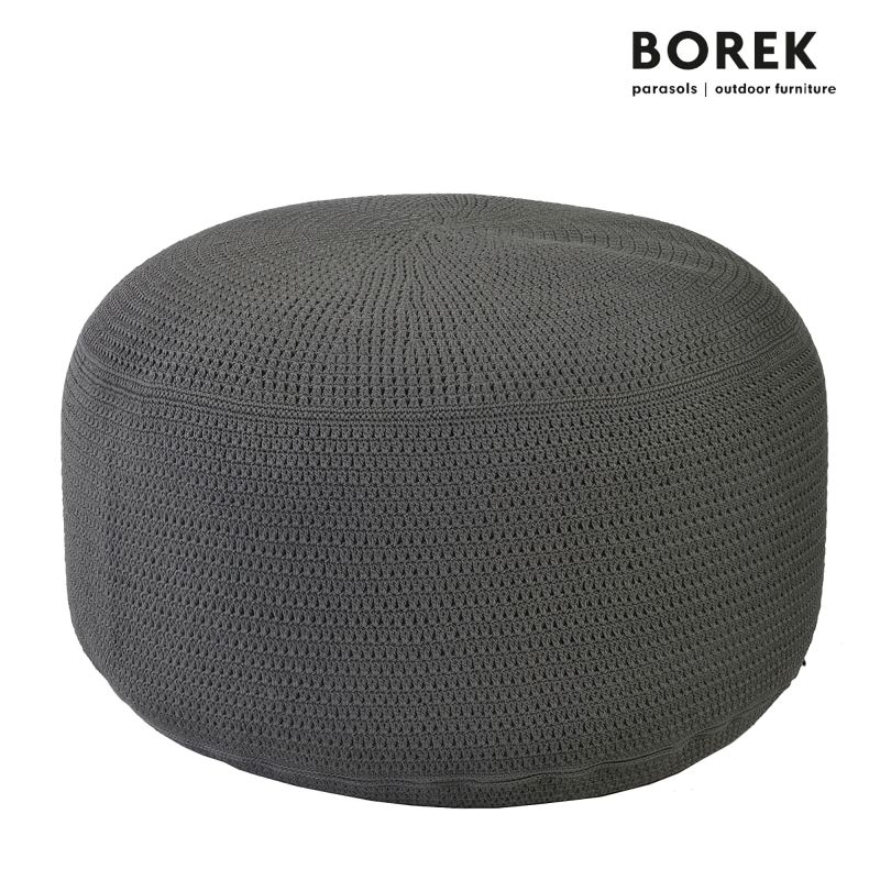 Pouf rotondo grigio lavorato a maglia per esterni, adatto come arredo da giardino