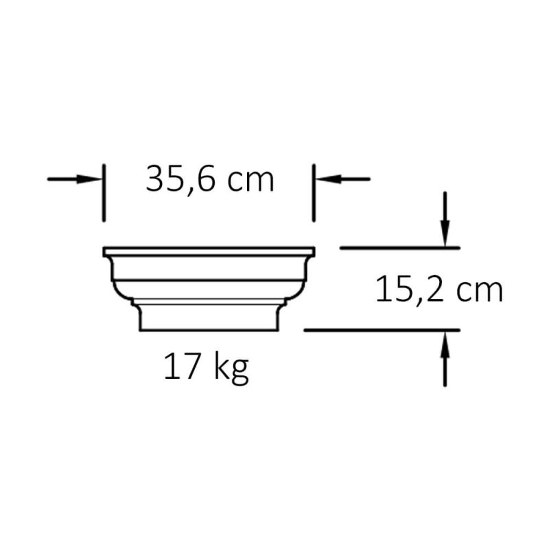 Dessin latéral d'un bassin de jardin rond avec dimensions 35,6 cm de largeur, 15,2 cm de hauteur et poids de 17 kg