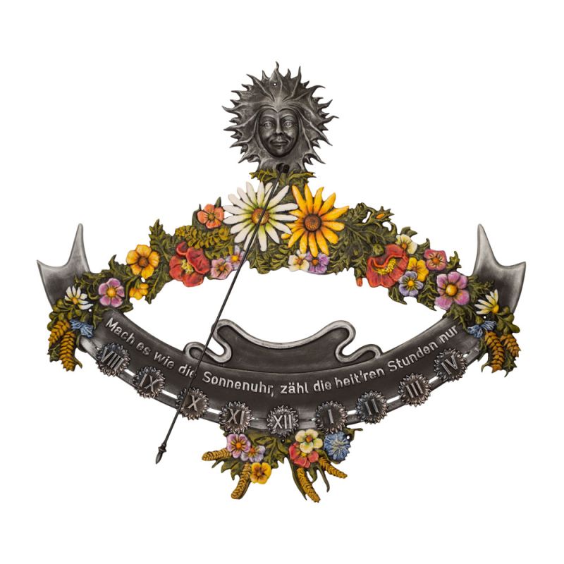 Cadran solaire en métal avec motif de soleil et couronne de fleurs colorées, décoration de jardin