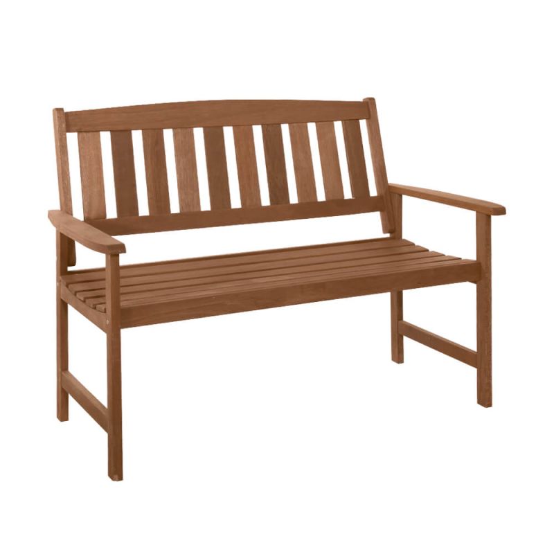 Panchina da giardino marrone in legno con braccioli, ideale per il giardino
