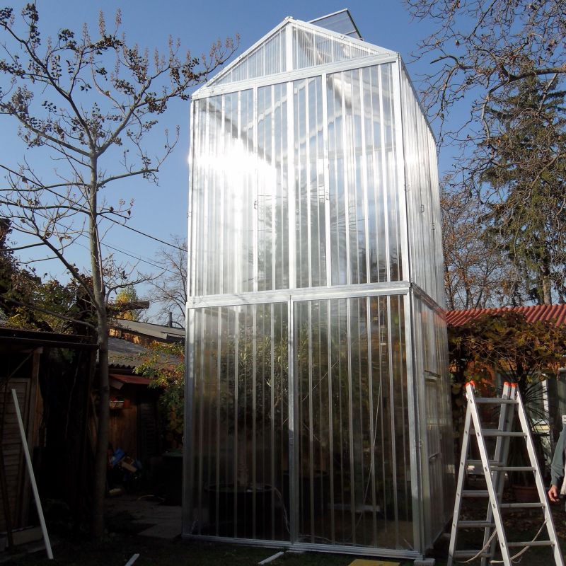 Grande serre transparente à armature métallique dans un jardin par une journée ensoleillée