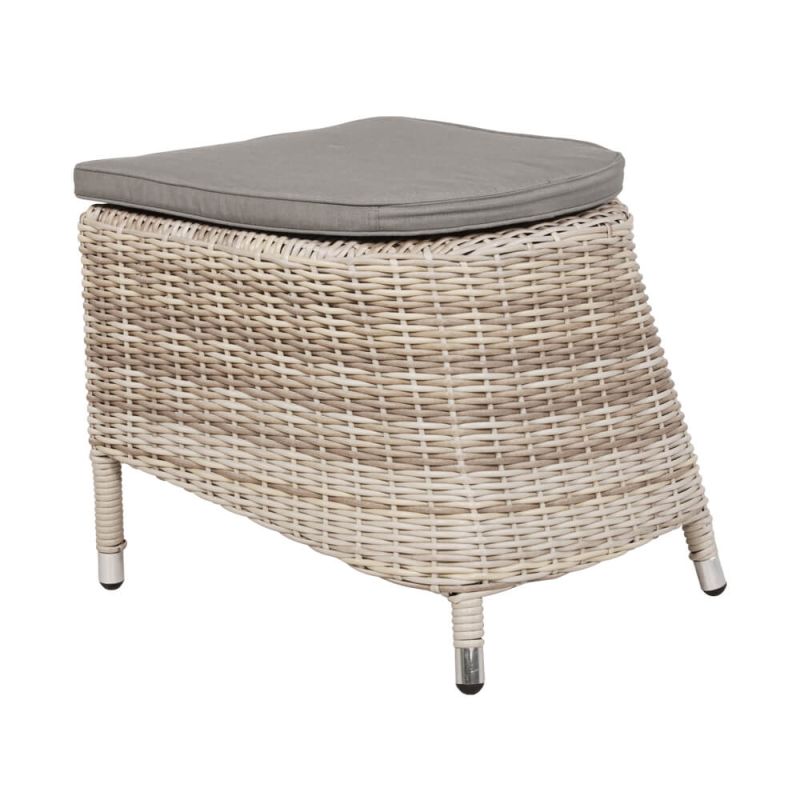 Pouf in vimini bianco con cuscino grigio, ideale per il giardino