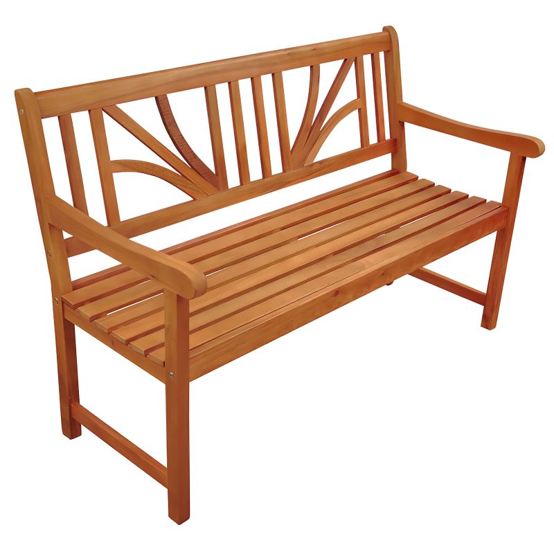 Banc de jardin en bois avec un motif décoratif de soleil sur le dossier