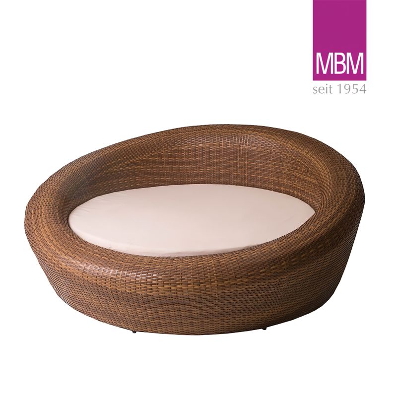 Chaise de jardin ronde en rotin synthétique marron avec coussin blanc, mobilier de jardin exclusif