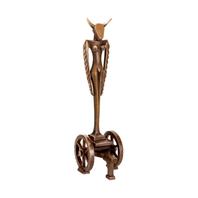 Scultura in metallo di una figura astratta su ruote, adatta come decorazione da giardino
