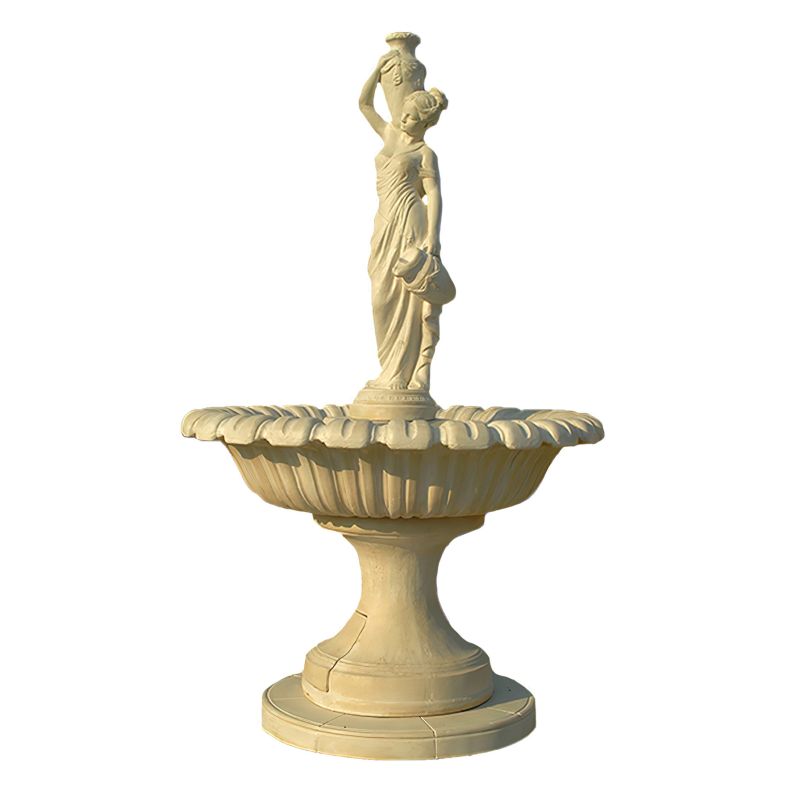 Fontana da giardino color sabbia con statua di donna, ideale per la decorazione del giardino