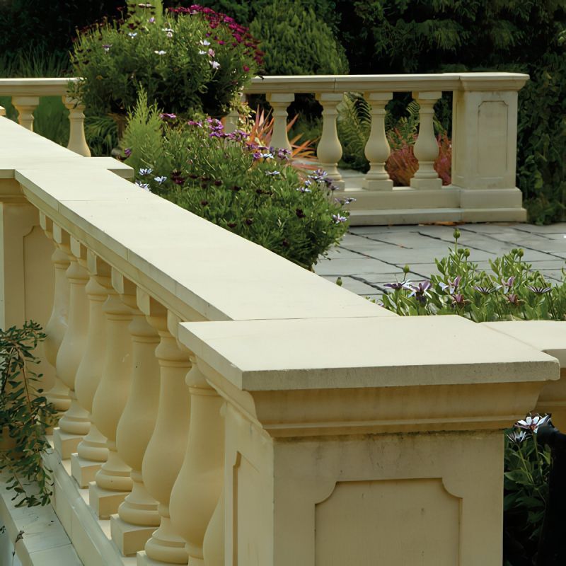 Balustrade élégante en pierre avec des marches et des plantes dans le jardin