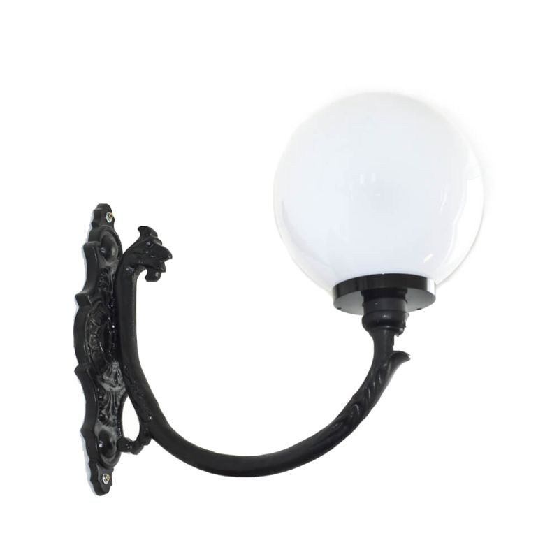 Lampada da giardino in metallo nero con globo bianco rotondo montata a parete
