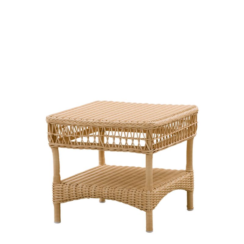 Tavolino quadrato da giardino in rattan chiaro con ripiano inferiore