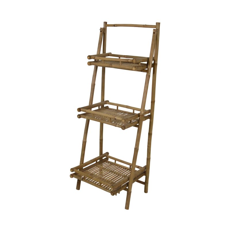 Étagère en bois à trois niveaux avec paniers en osier pour décoration de jardin et plantes